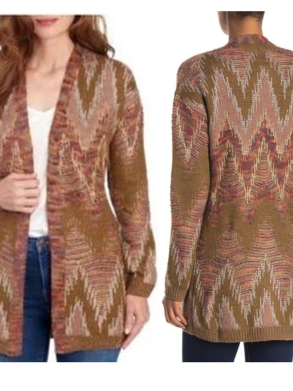 LUCKY BRAND Sweater Womens Large Metallic Stitch Lux Cardigan Earth Tones